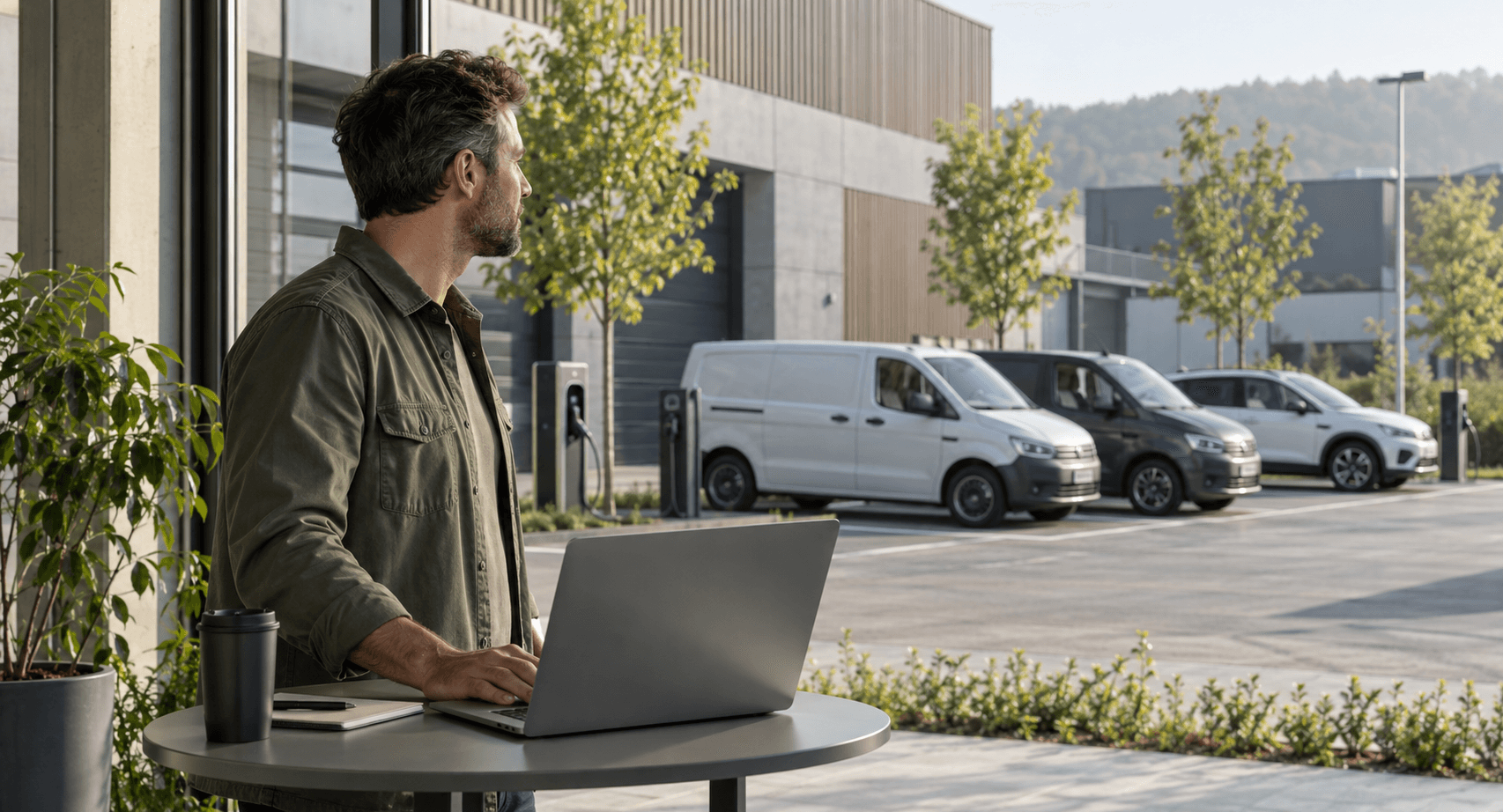Ein Fuhrparkverantwortlicher am Laptop blickt auf drei Fahrzeuge am Unternehmensdepot.