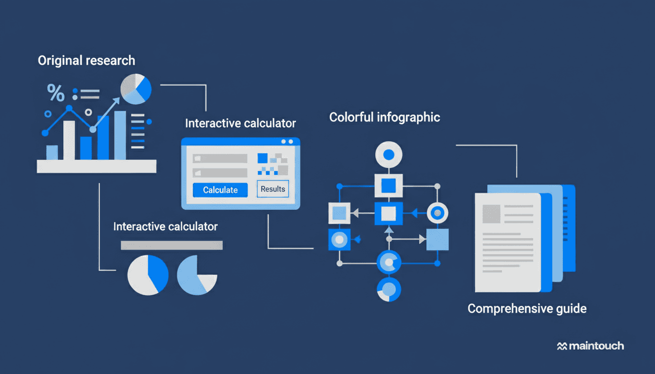 Modern flat design illustration showing different types of linkable assets for earning backlinks. Display four distinct content types arranged in a grid or flowing layout: 1) Original research shown as data charts and graphs with statistics, 2) Interactive calculator with input fields and results display, 3) Colorful infographic with visual data representation, 4) Comprehensive guide shown as stacked pages or book. Use professional blue and gray color scheme. Clean, minimalist business illustration style. Show these assets as attractive, high-quality content pieces that naturally attract links. No text needed in image.
