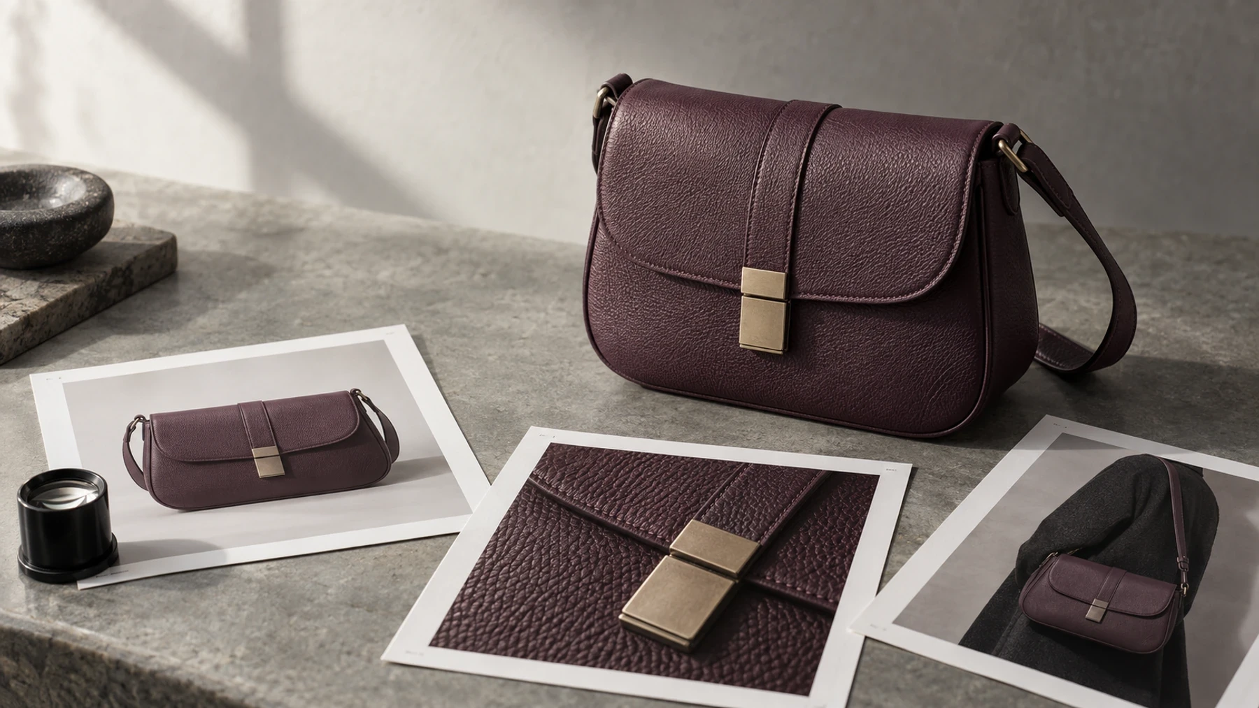 Muted plum leather shoulder bag beside printed front, material-detail, and worn-scale views on a stone table