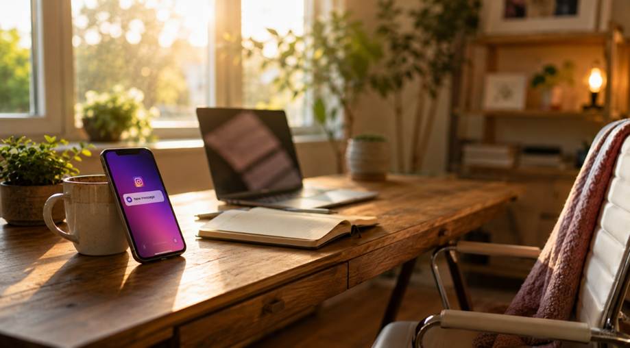 Smartphone on a sunlit desk showing a new Instagram message while automation handles DMs