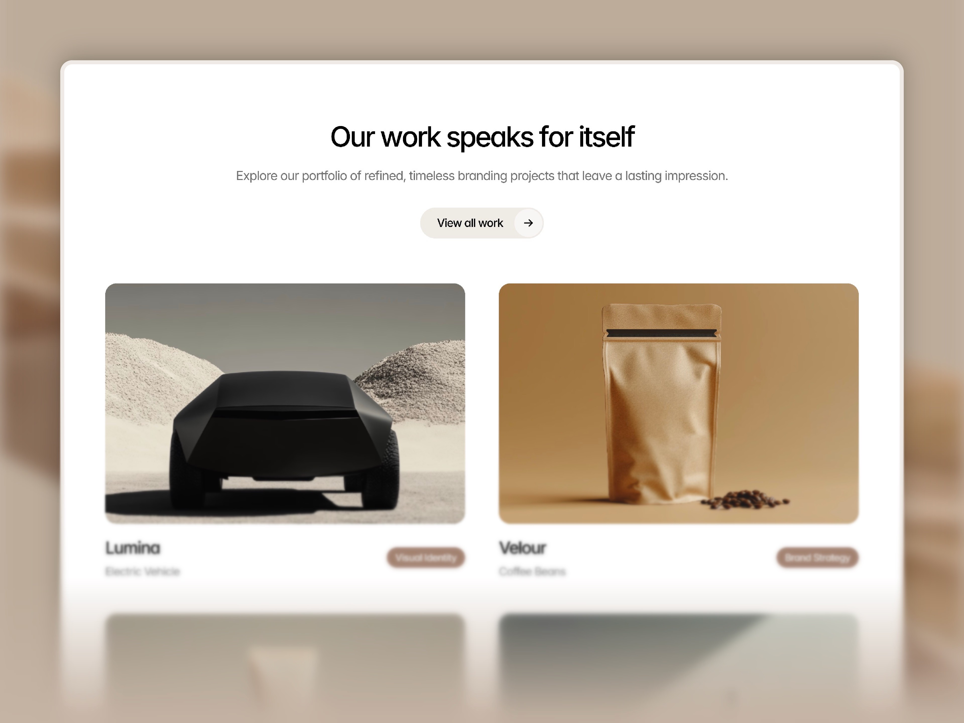 A minimalist website layout displaying two product images side by side, with a simple headline above.