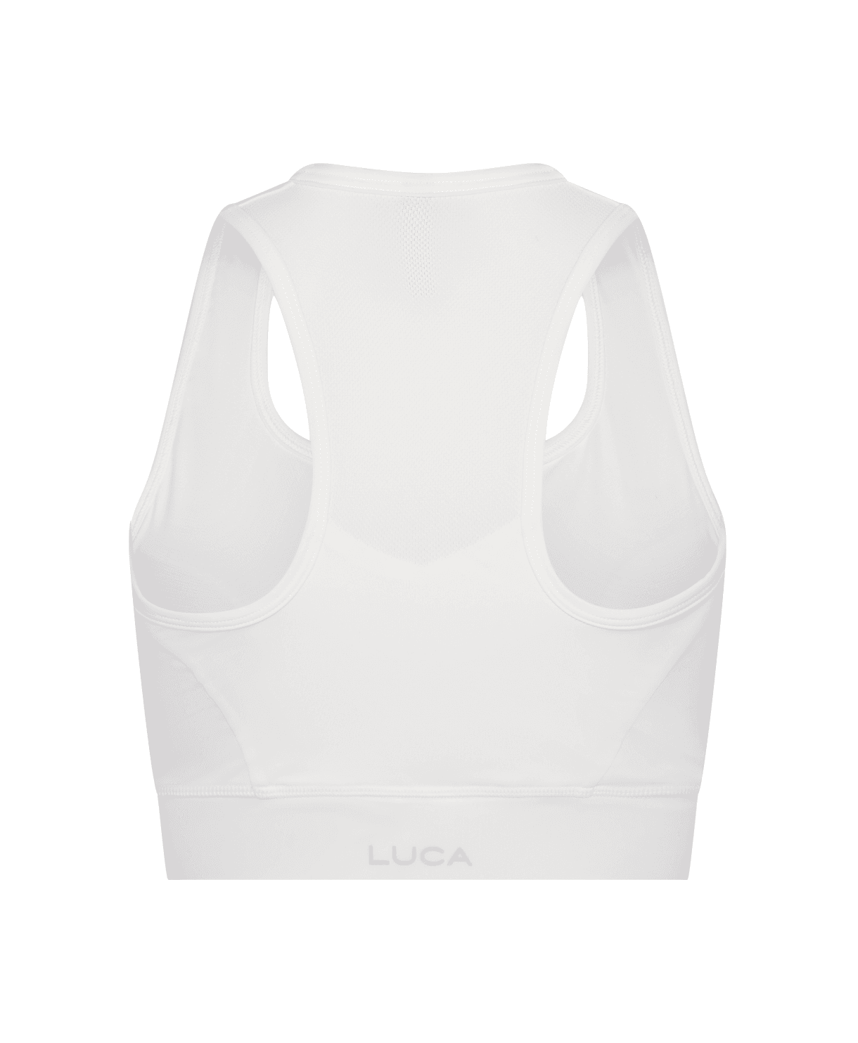 Back-view-of-a-Elevate-Sports-Bra - Off-White-with-mesh-panels-and-the- LUCA-logo-printed-on-the-lower-band