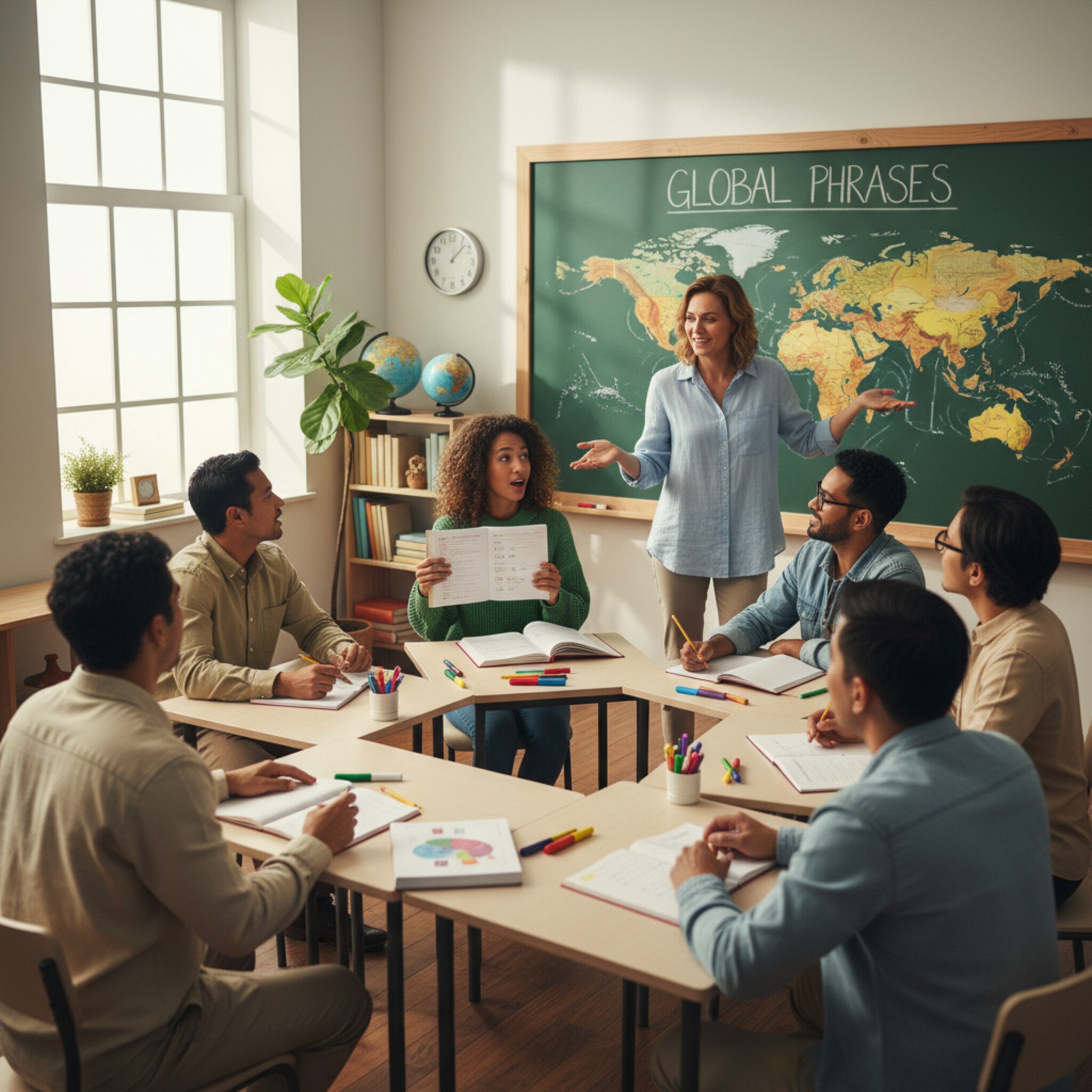 Warme Morgensonne fällt durch große Fenster auf eine schlichte Tafel. Eine Lehrerin deutet auf eine Weltkarte, während die Klasse nachspricht. Hefte liegen ordentlich auf hellen Holztischen, farbige Marker daneben. Die Szene wirkt konzentriert und ruhig, mit leiser Bewegung im Raum.