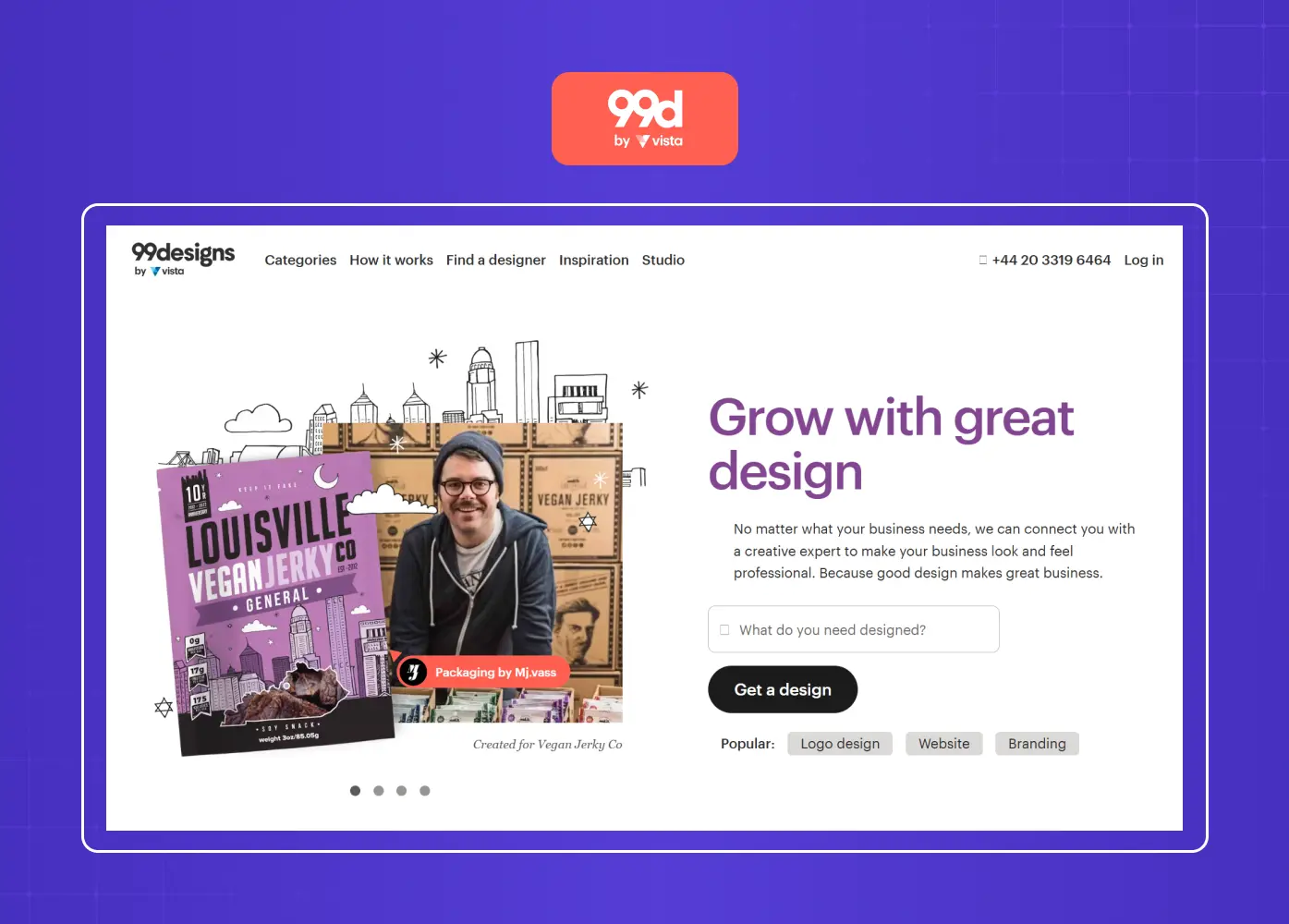 Design marketplace homepage connecting businesses with freelance designers for branding and creative projects. 