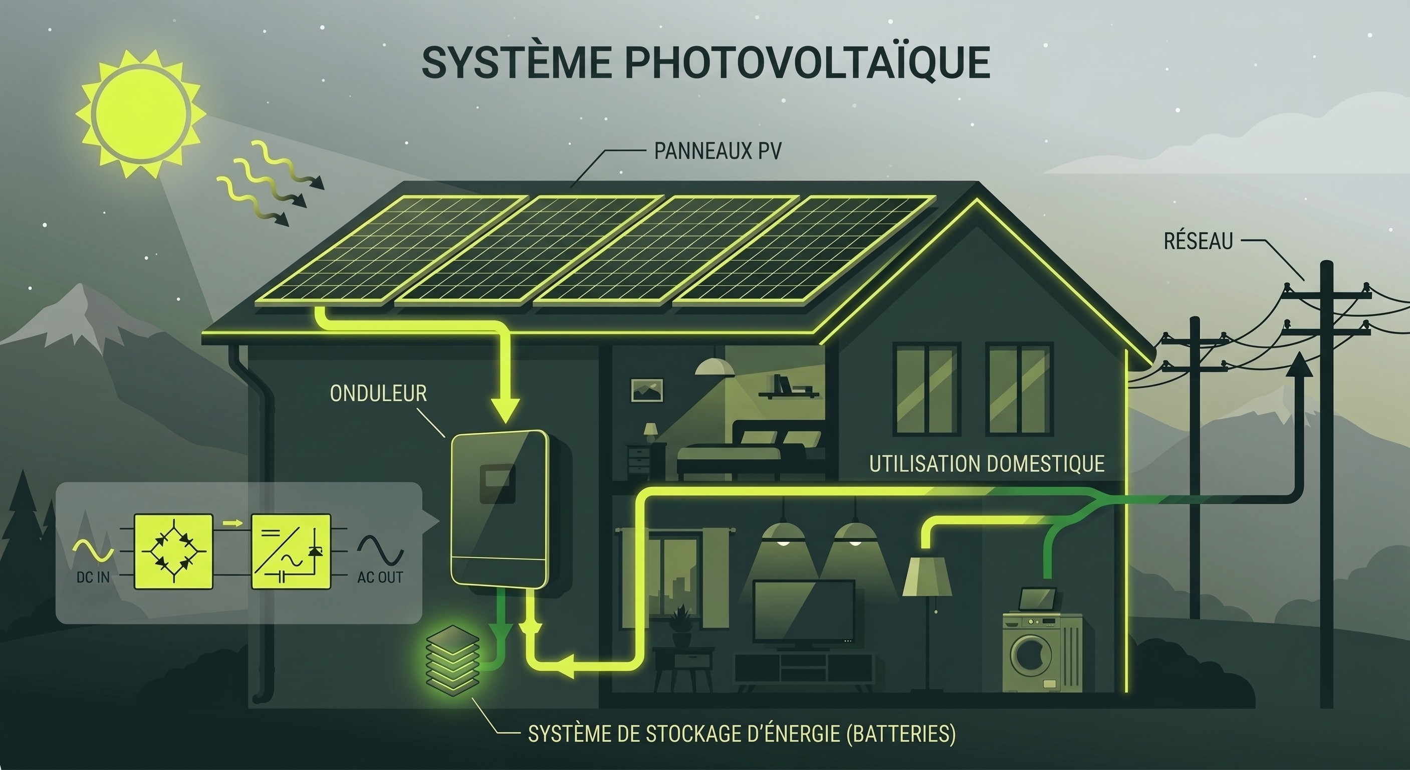 Schéma du fonctionnement d'un onduleur solaire : de la production DC à la distribution AC