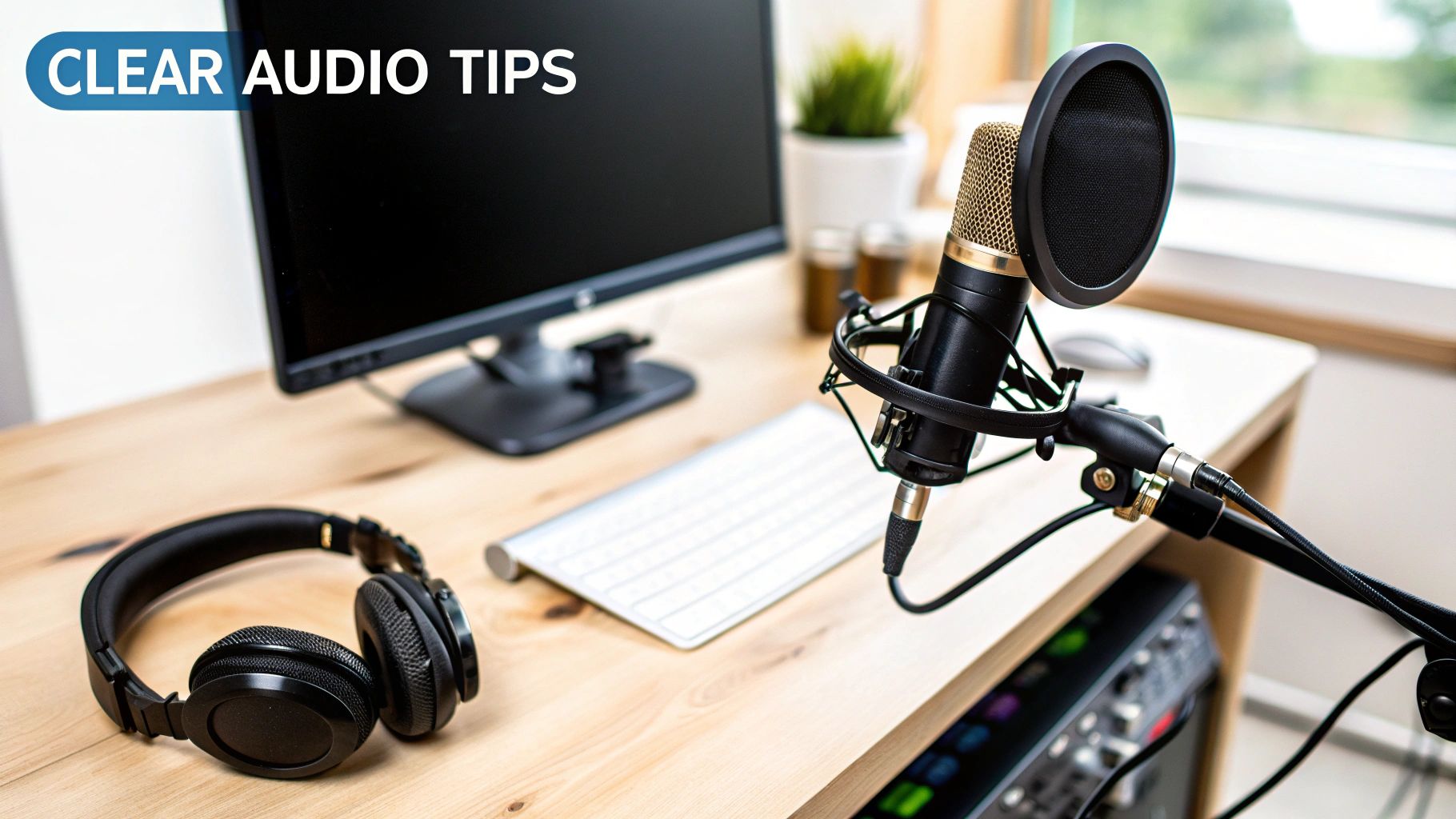 A home recording studio setup with a gold microphone, black headphones, and computer monitor on a wooden desk.