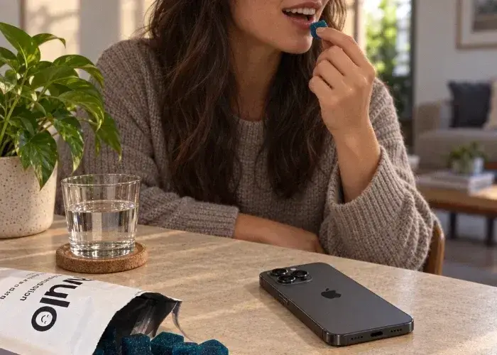 Woman sitting at kitchen counter eating a Levulo gummy