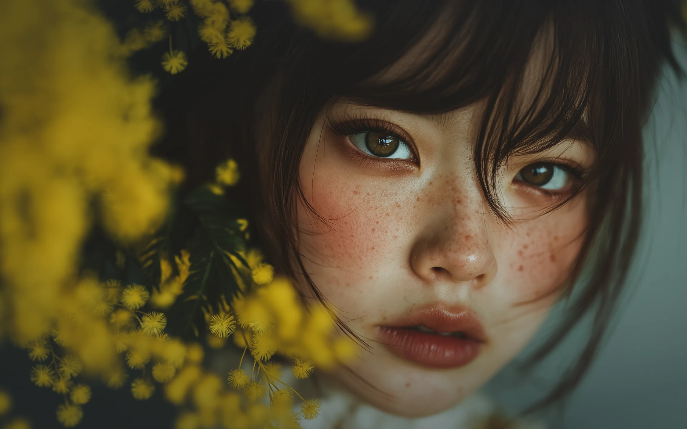 Close up portrait of a woman surrounded by yellow flowers