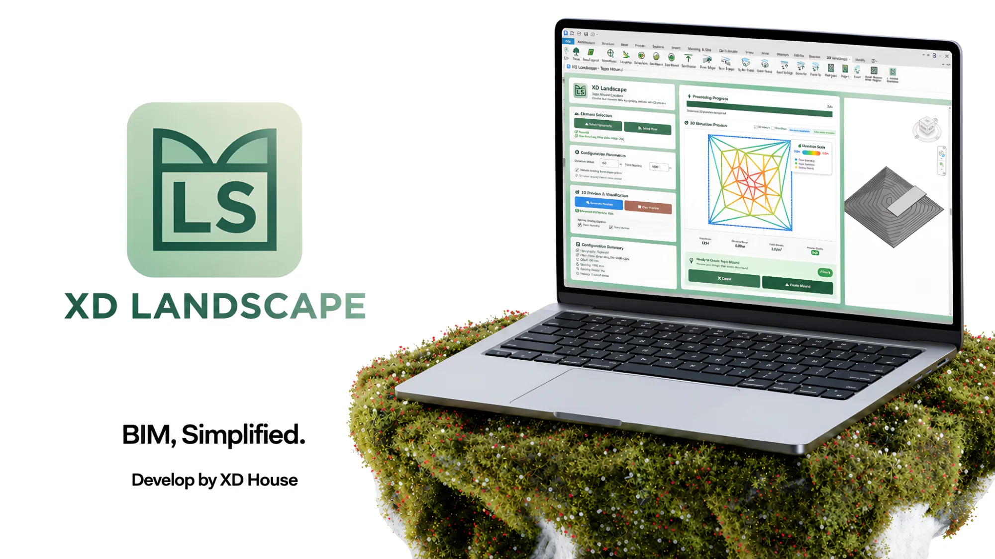 XD Landscape Revit plug-in for landscape BIM shown on a laptop with a planting plan model