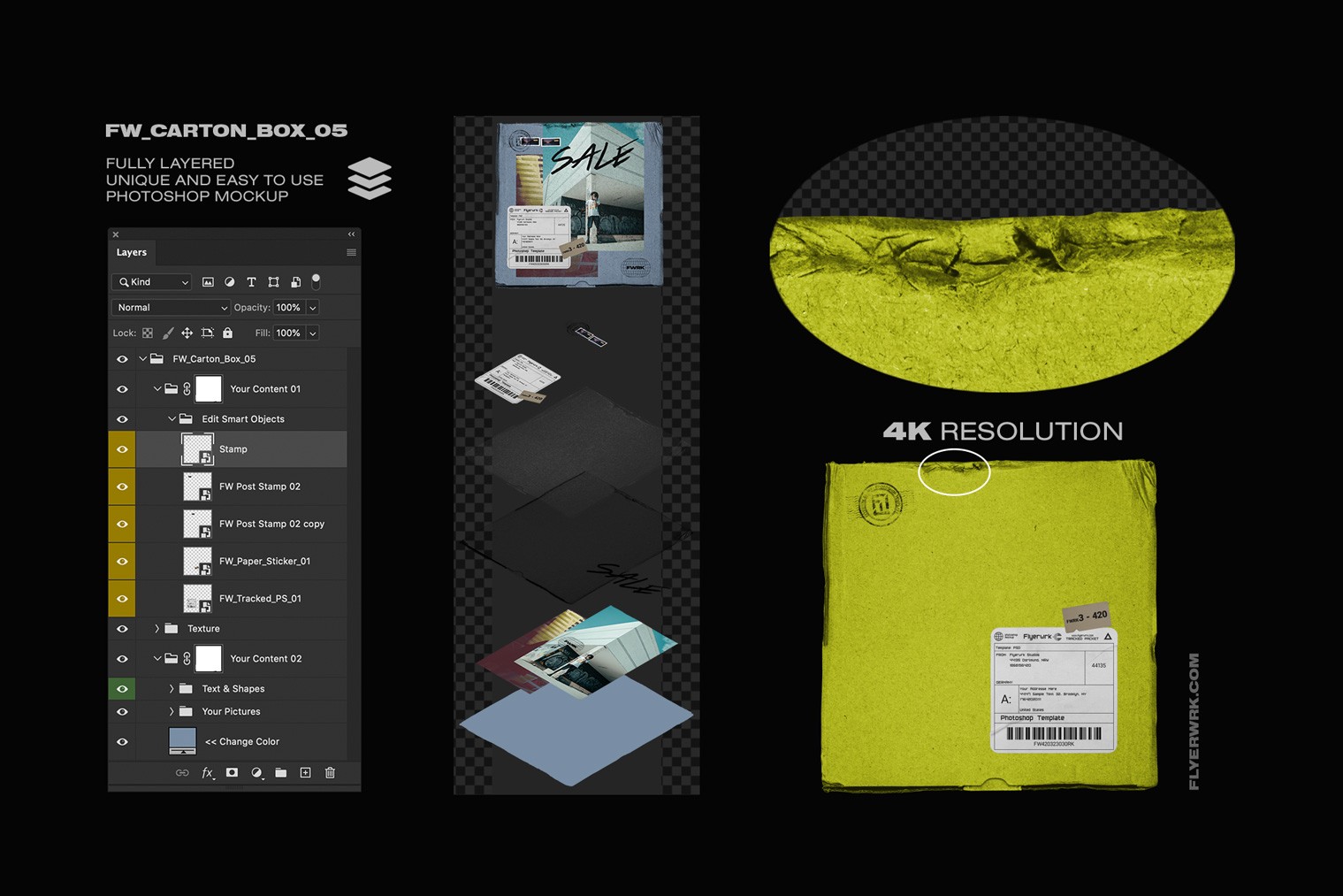 Carton box delivery mockups Photoshop layers preview showing editable packaging design elements