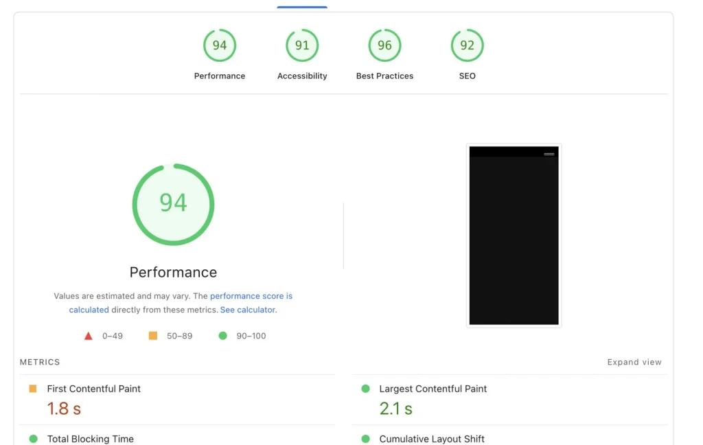 Google PageSpeed Insights für Studio One.1 Ink mit 94 Performance, 91 Barrierefreiheit, 96 Best Practices und 92 SEO