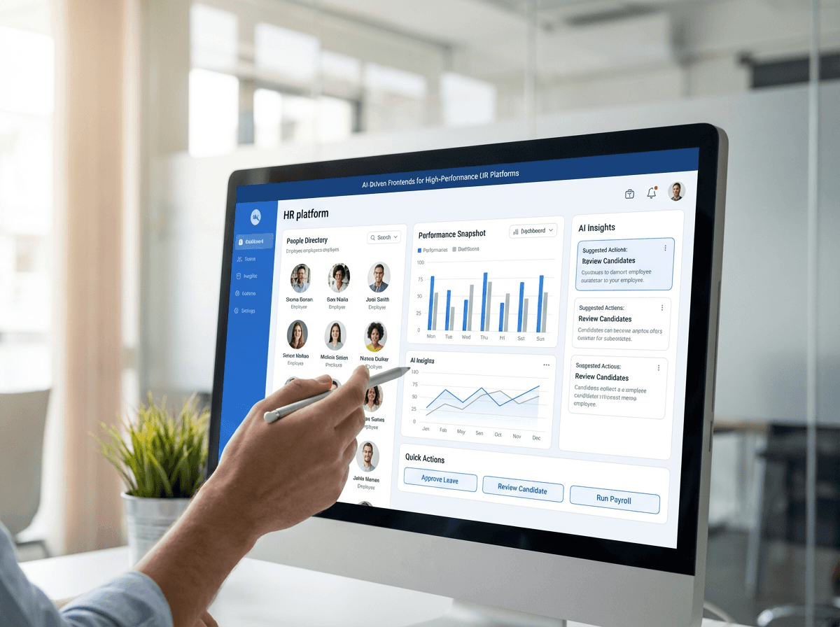 “High-quality HRTech hero illustration showing an AI-powered HR dashboard with employee directory, analytics, and workflow actions for an HR platform.”