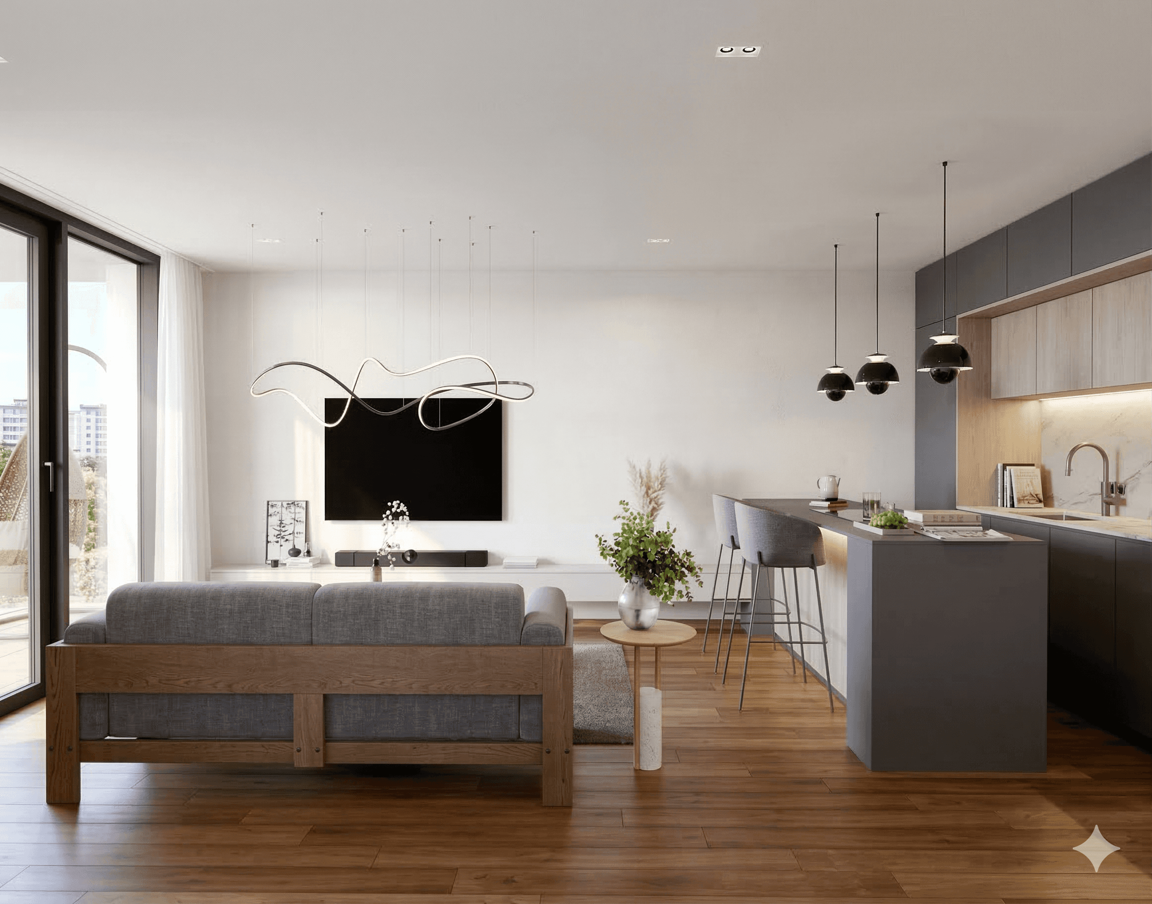 Innenansicht eines modernen, offenen Wohn- und Kochbereichs. Zu sehen ist ein graues Sofa, eine minimalistische Einbauküche und große Schiebetüren, die auf den Balkon mit Weitblick führen.