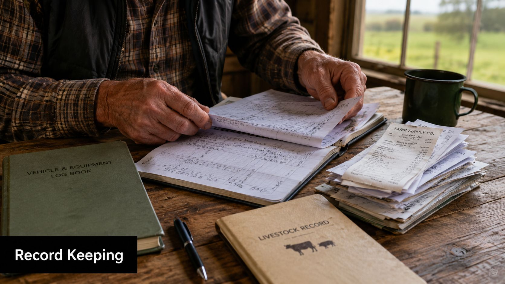 An elderly farmer reviewing financial documents and log books at a wooden table in a farm office.