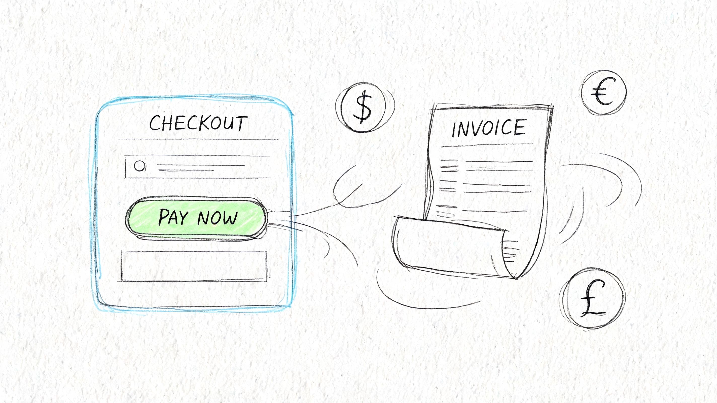 A hand-drawn illustration depicting an online checkout button connecting to an invoice with currency symbols floating nearby.