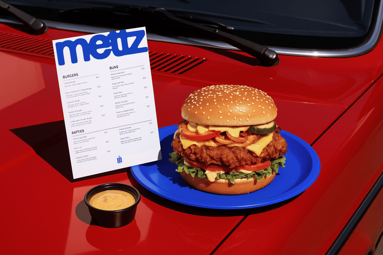 Fried chicken burger with cheese, lettuce, tomato, and pickles on a blue plate, next to a dipping sauce and a Metz menu on a red car hood.