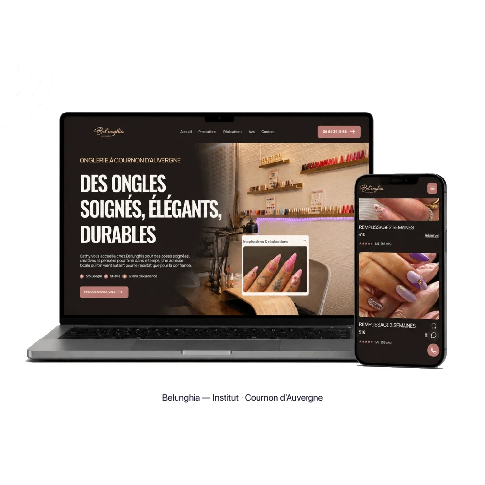 Mockup du site Onglerie Bel’unghia à Cournon-d’Auvergne avec aperçu desktop et mobile.