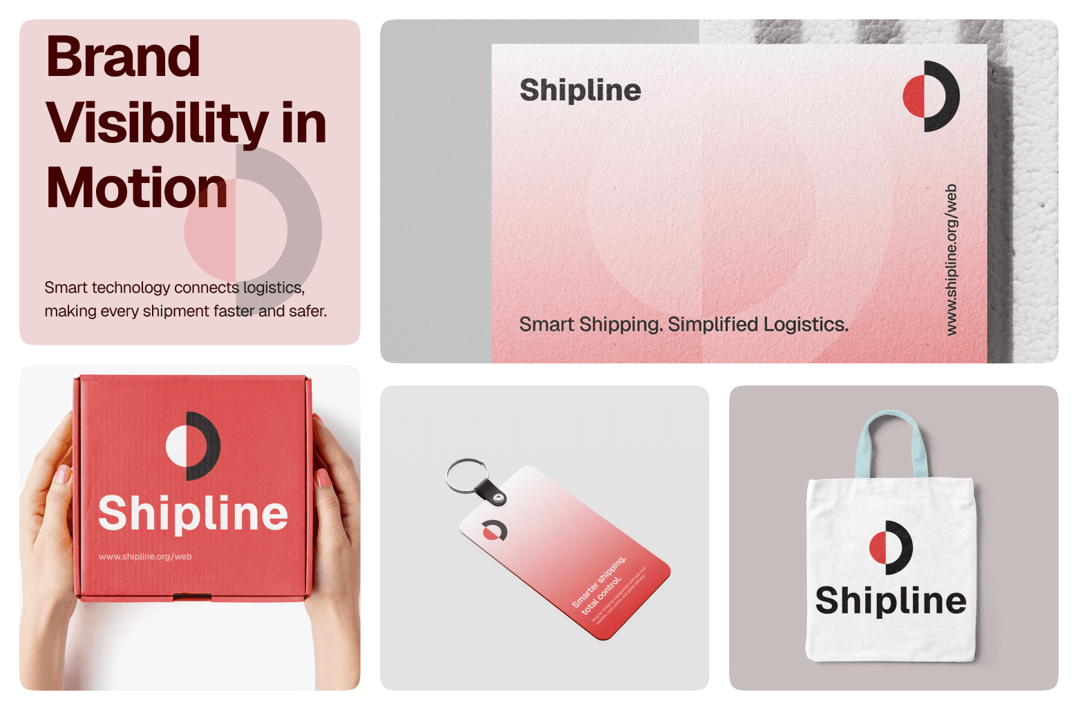 Shipline brand visuals including business card, shipping box, key tag, and tote bag with logo