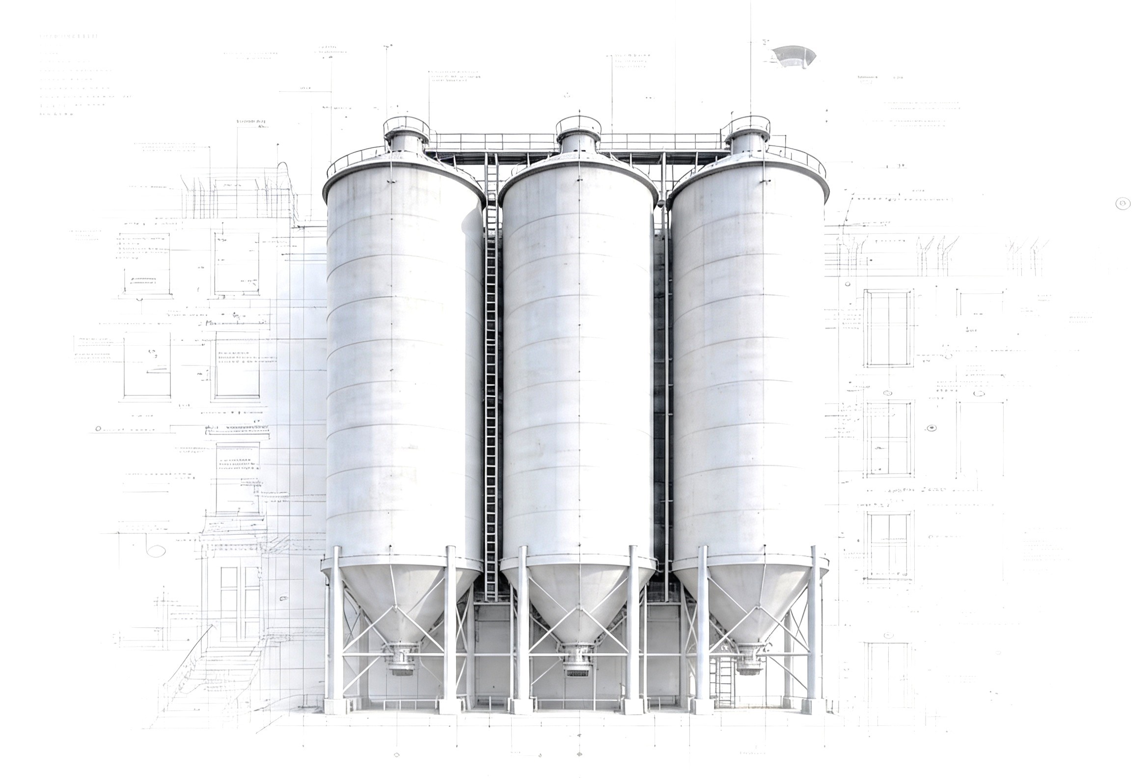 Silos de armazenagem de grãos sobre prancha técnica estrutural — gestão de ativos rurais e planejamento patrimonial no agronegócio