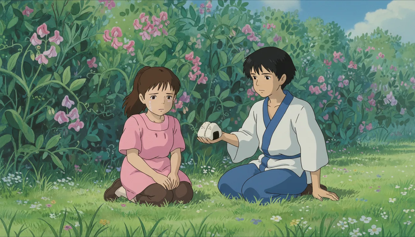 An anime film still in the iconic style of Hayao Miyazaki's 'Spirited Away', featuring the characters Chihiro and Haku. A young girl with brown hair in a ponytail, wearing a pink work uniform, crouches with a sad expression. Beside her, a boy with a short black bob haircut and a white and blue tunic gently offers her onigiri rice balls. They are sitting in the grass in front of a dense, painterly background of a lush sweet pea garden filled with vibrant green leaves and delicate pink and purple flowers. The scene is rendered in a hand-drawn cel animation aesthetic with soft, natural daylight.
