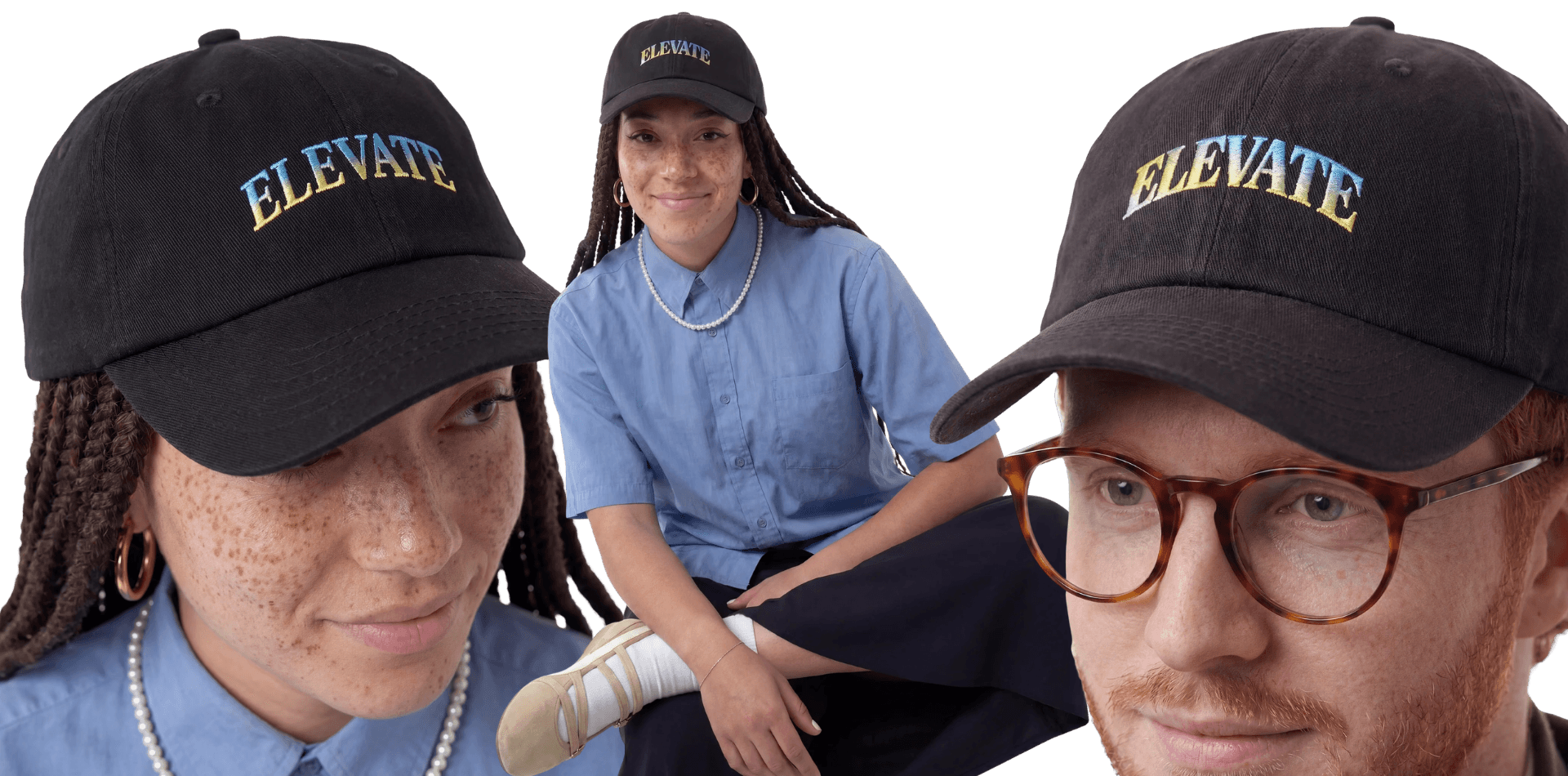 Spectrum Embroidery Cap featuring multicolor embroidered lettering on a black custom baseball cap worn by models