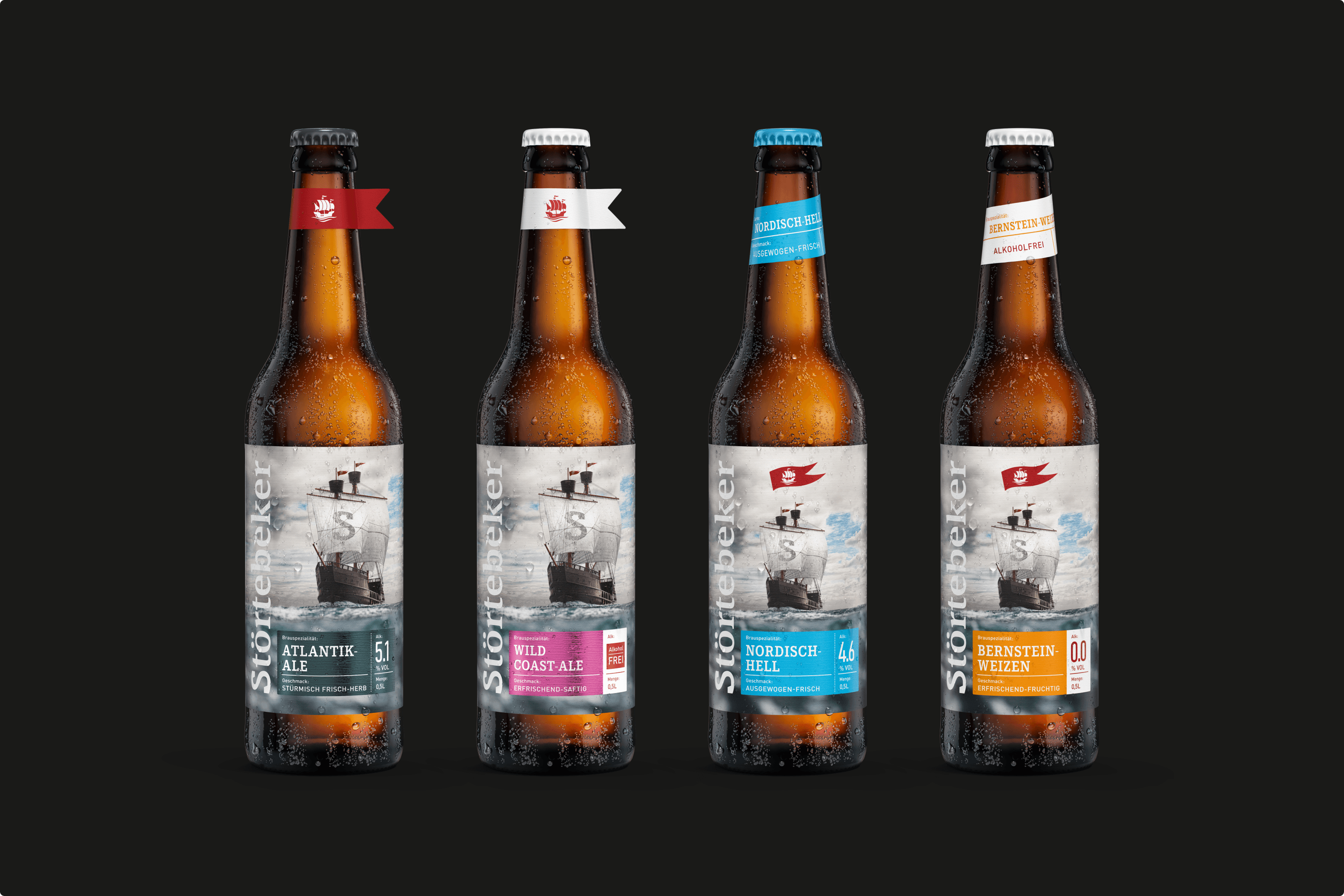 Four Störtebeker beer bottles, water-beaded.