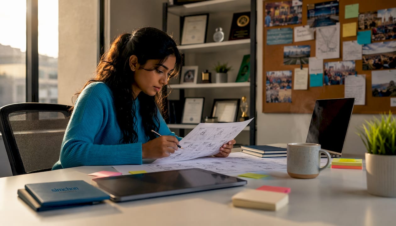 Woman reviewing college fundraising video storyboard