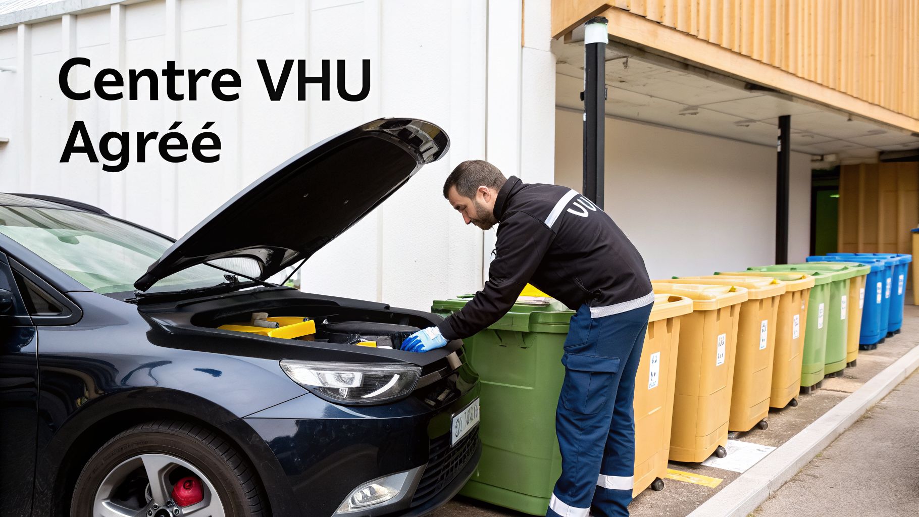 Un technicien travaille sur le moteur d'une voiture dans un centre VHU agréé, entouré de bacs de recyclage.