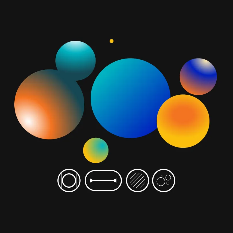 Abstract design featuring colorful planets and circles on a dark background, suggesting a cosmic theme.