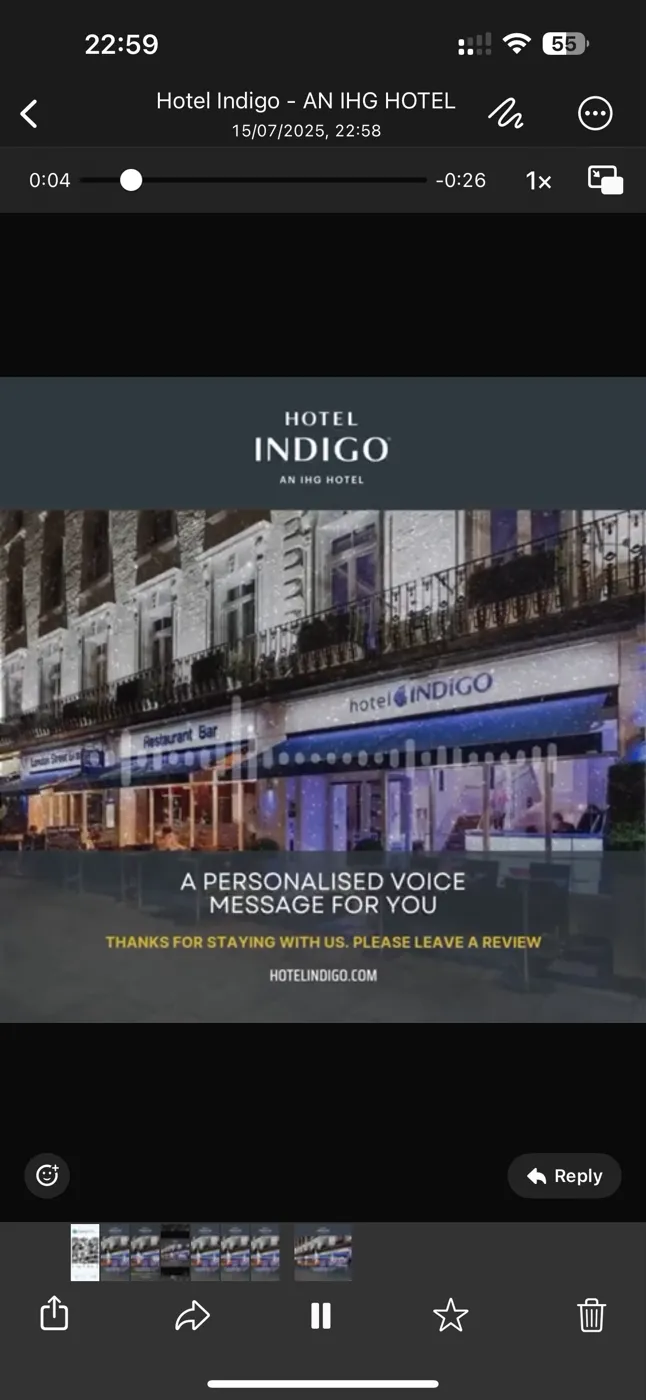 A branded Hotel Indigo voice note playing in WhatsApp