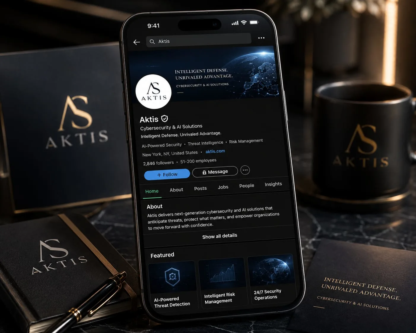Smartphone mockup showing the Aktis cybersecurity profile with a dark interface and digital globe graphic.