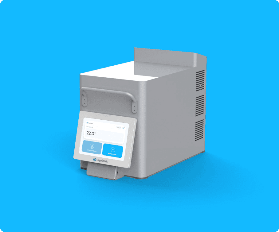 Individual Cryostasis fridge unit with an attached tablet and UI screen, displaying real-time temperature control and monitoring for biological material storage.