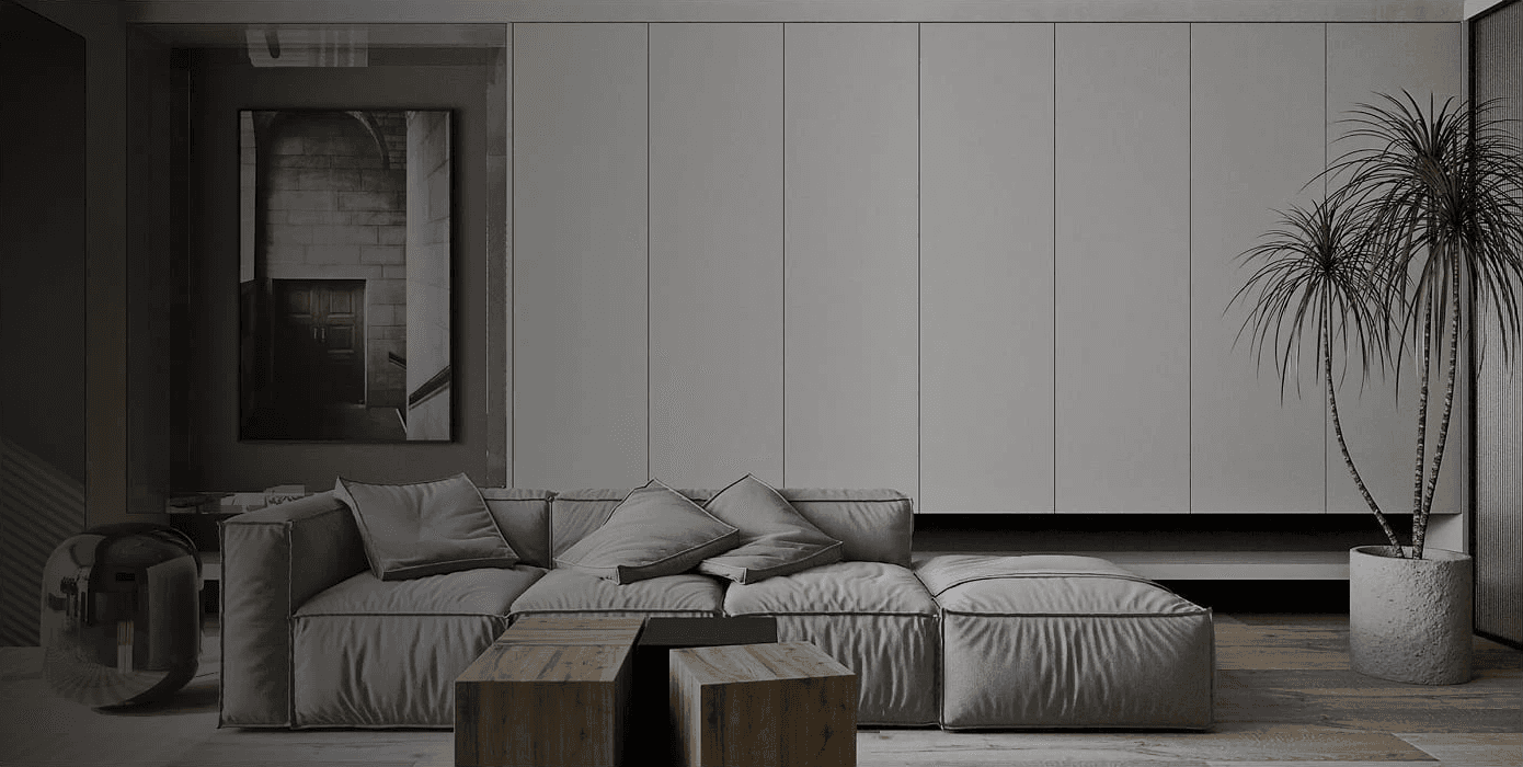 Сучасний інтер’єр в стилі мінімалізм із модульним диваном та вбудованими шафами, створеними за 3D-проєктом HiDome