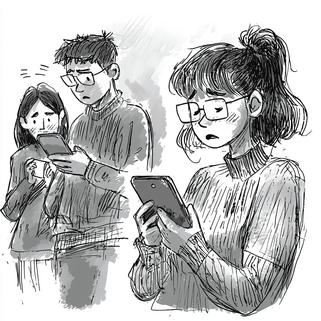 An illustration of three people using mobile devices.