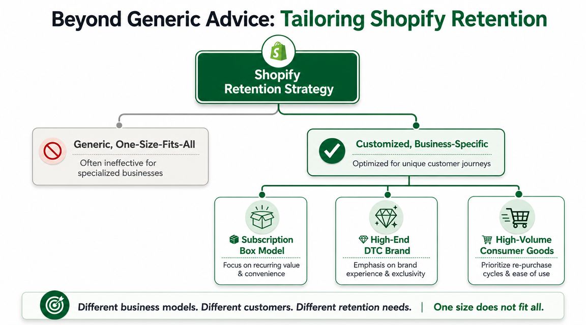 A flowchart showing that Shopify retention strategy requires customization for different business models rather than generic advice.
