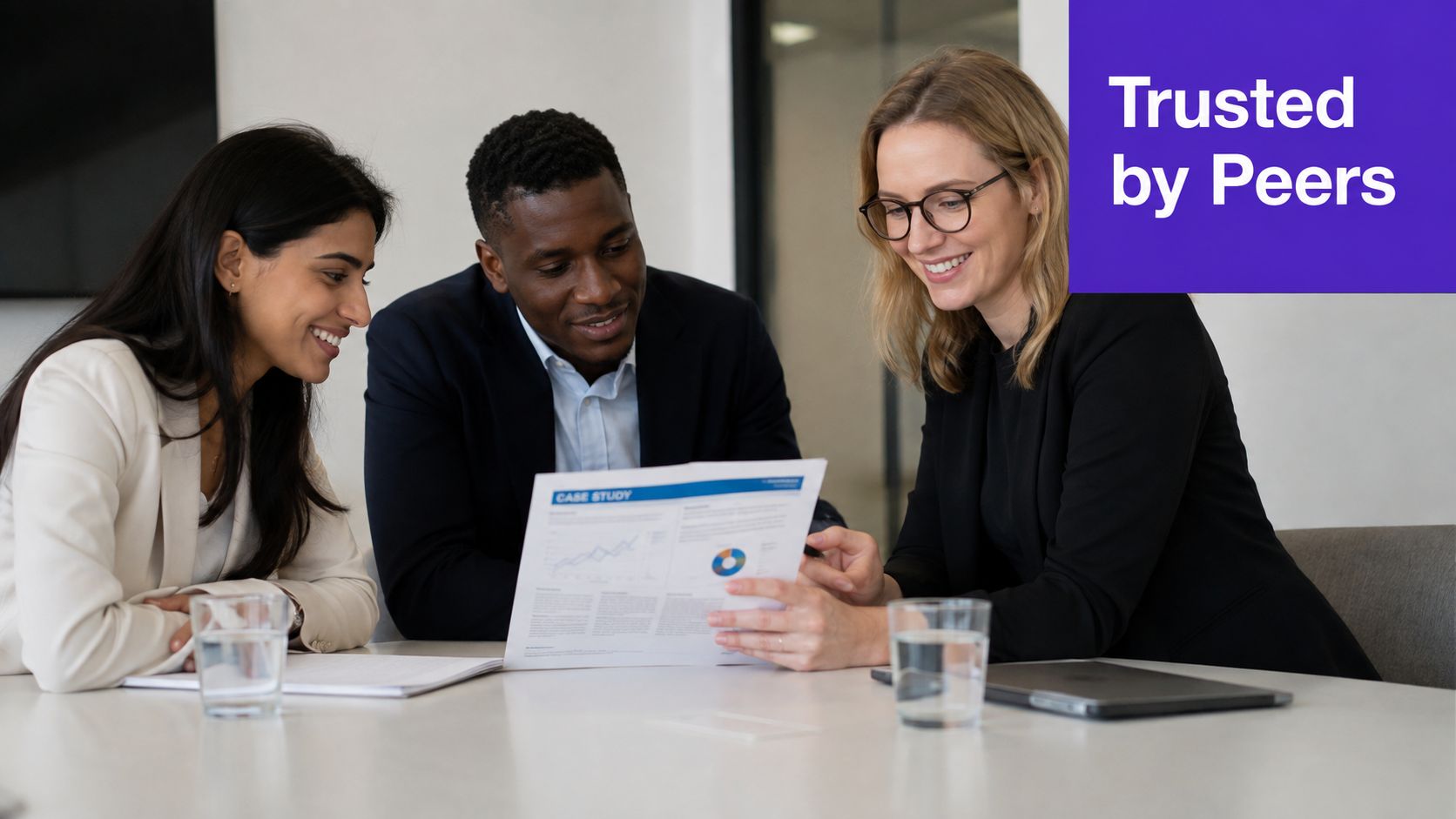 Three professional business colleagues collaborating and reviewing a case study document together in a modern office environment.