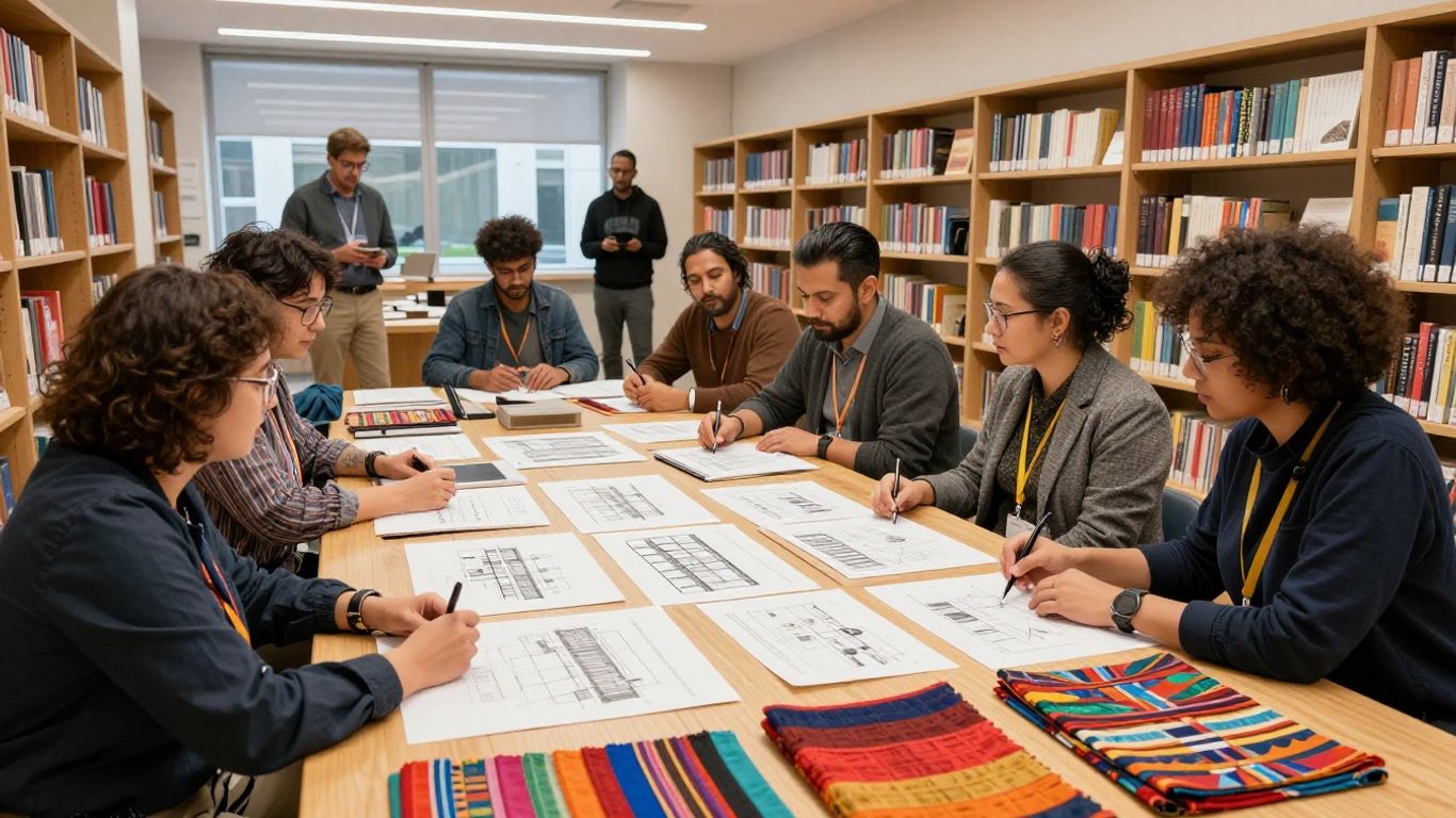 A diverse group of museum members and curators discussing exhibit layouts around a table