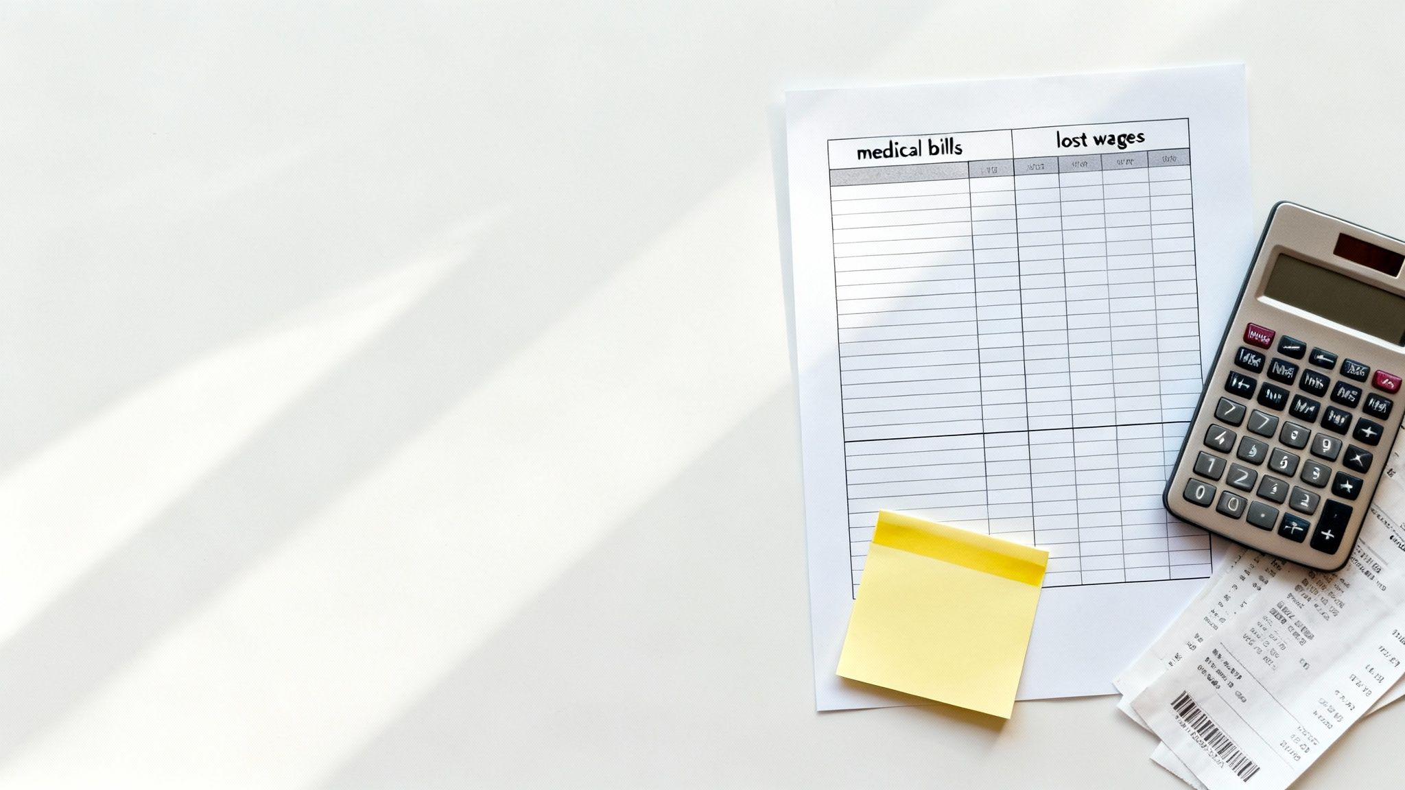 A person using a calculator with receipts and medical bills spread across a desk, representing the process of calculating a claim's value.