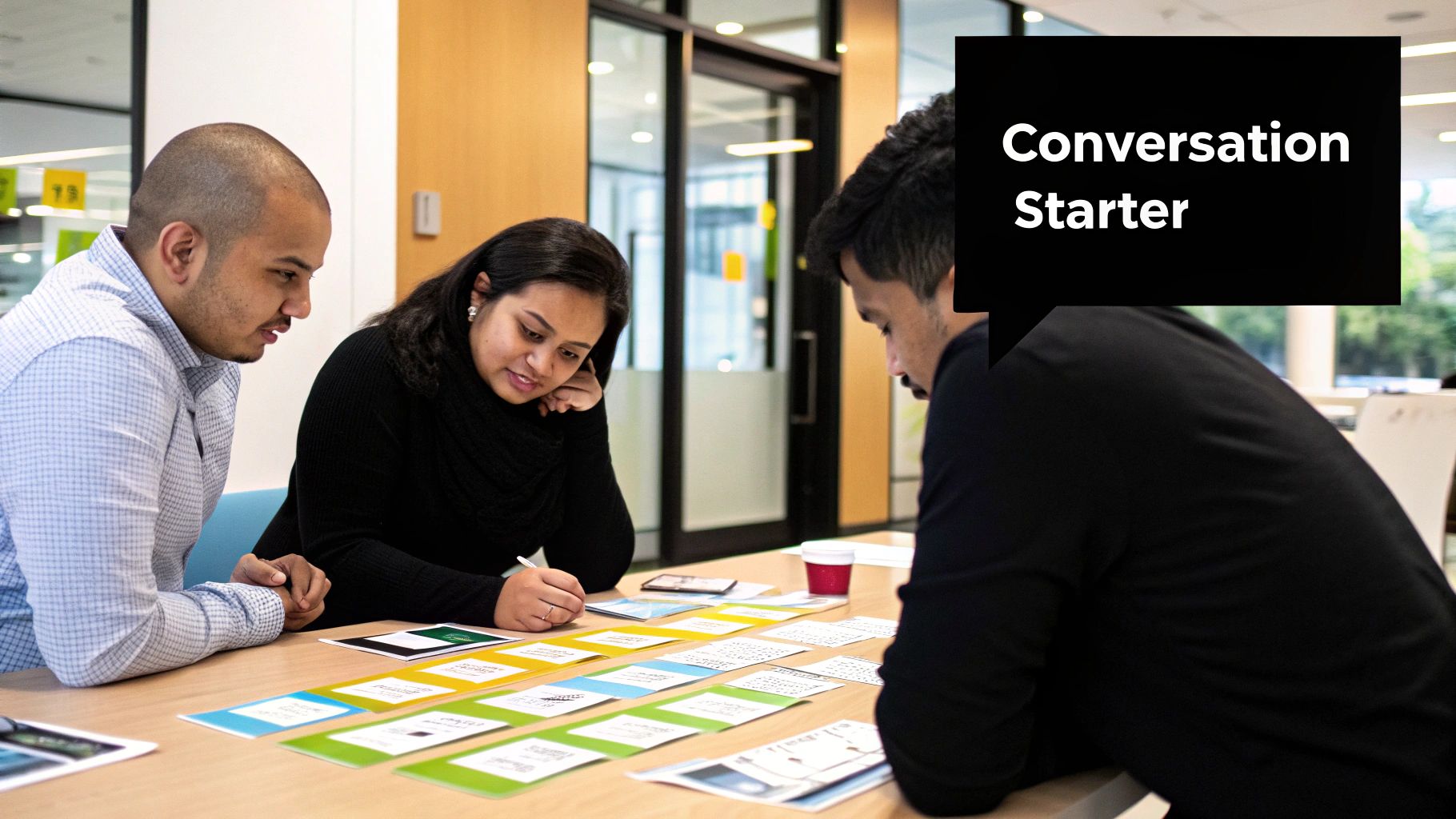 A team collaborating around a whiteboard with sticky notes, representing the conversation part of user stories.