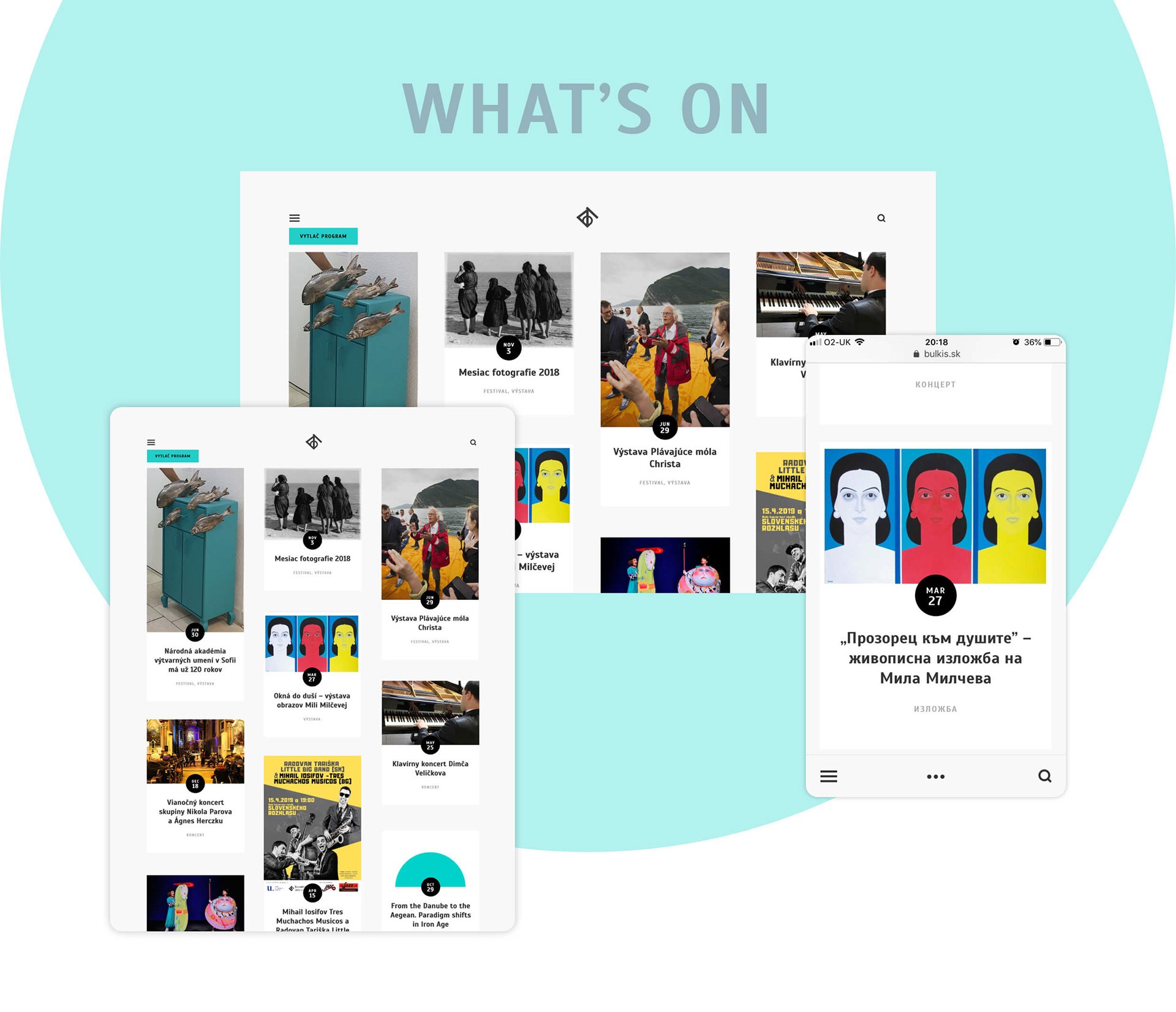 Responsive view of an event feed page. Includes Desktop, tablet and mobile