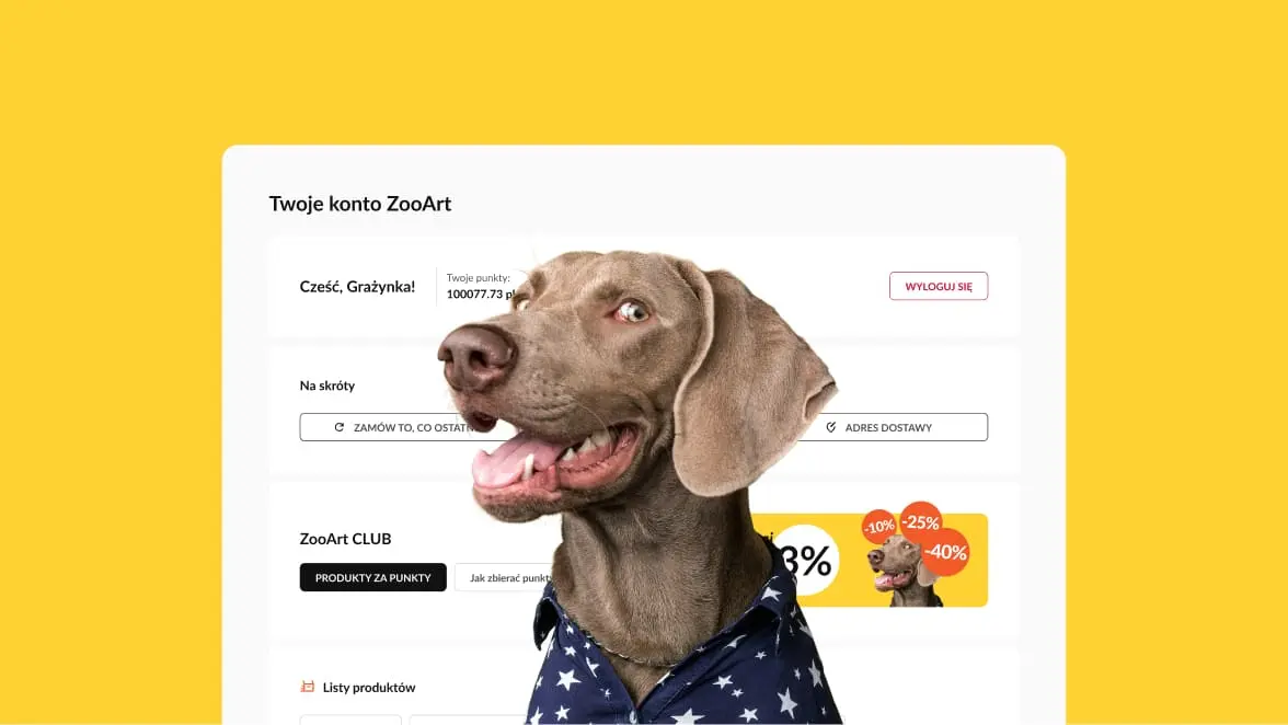 User account dashboard UI design for ZooArt pet store, featuring loyalty points, quick navigation links, and animal-themed imagery.