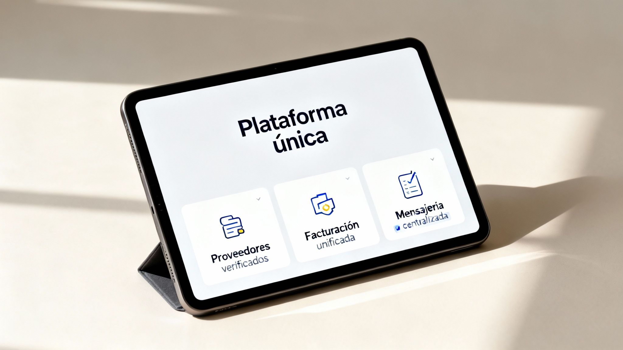Tablet mostrando una plataforma única de gestión de proveedores, facturación unificada y mensajería centralizada.