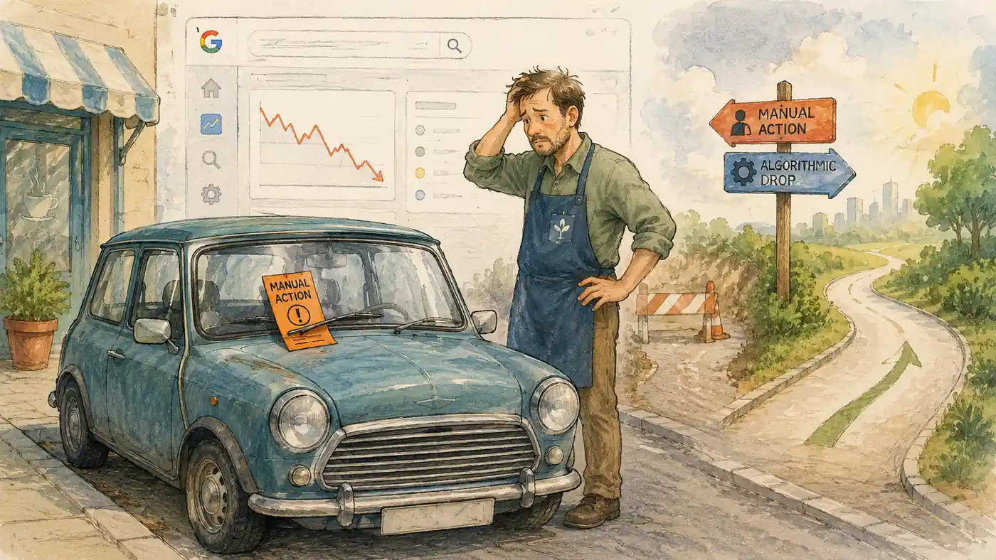 A man looking at a fine on his car, which is a penalty from Google.