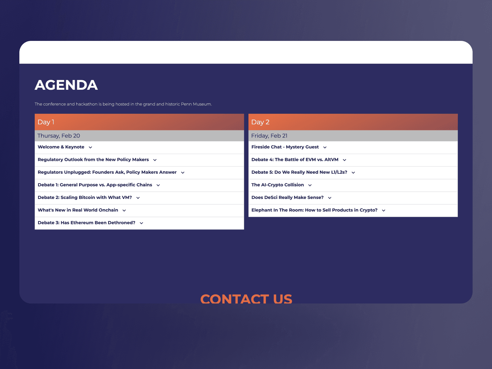 Event schedule page for Penn Blockchain Conference by VaporAviator, displaying speakers, panel topics, and real-time updates in a clean and organized format.