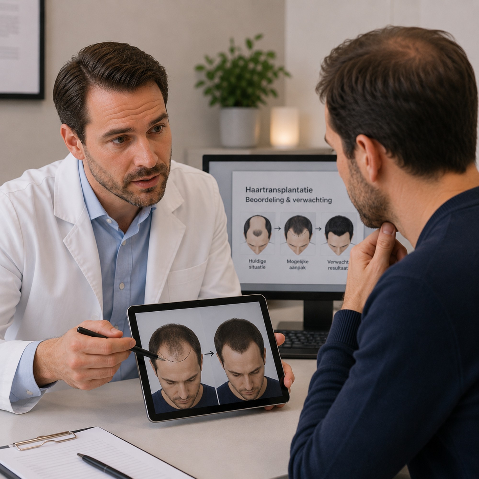 Specialist bespreekt de mogelijkheden en verwachtingen van een haartransplantatie met een man tijdens een medisch haarconsult.