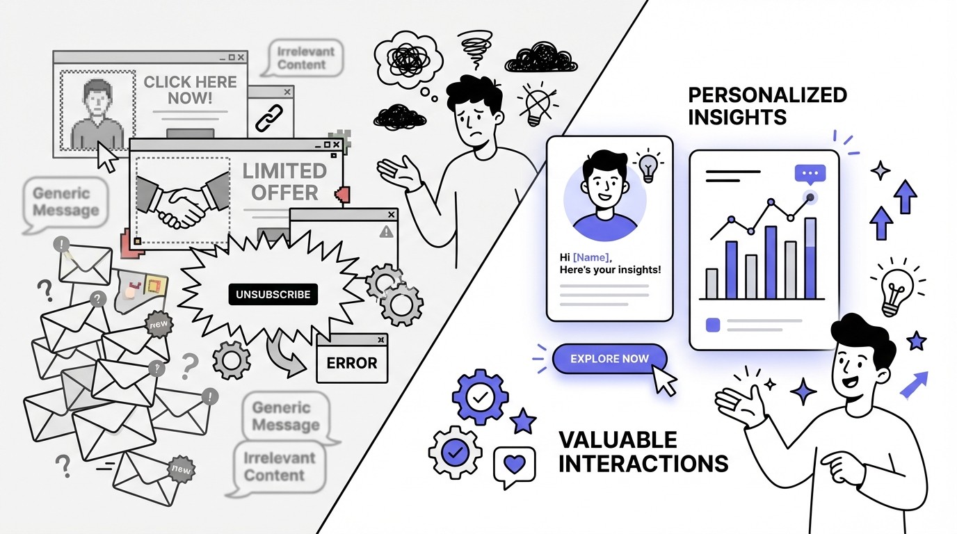 A header image diagonally split, contrasting chaotic, spammy digital communication on the left with clean, compelling, and personalized communication on the right.