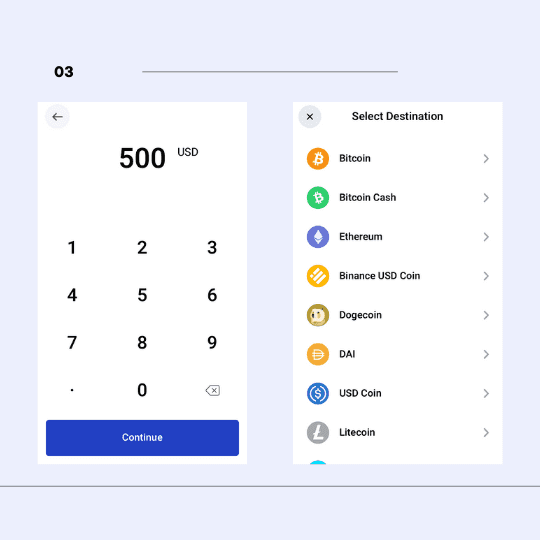 Enter your desired amount and choose a cryptocurrency to buy.