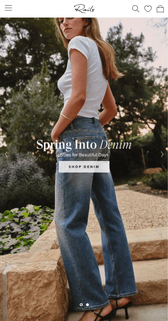 Mobile homepage hero showcasing Rails denim collection
