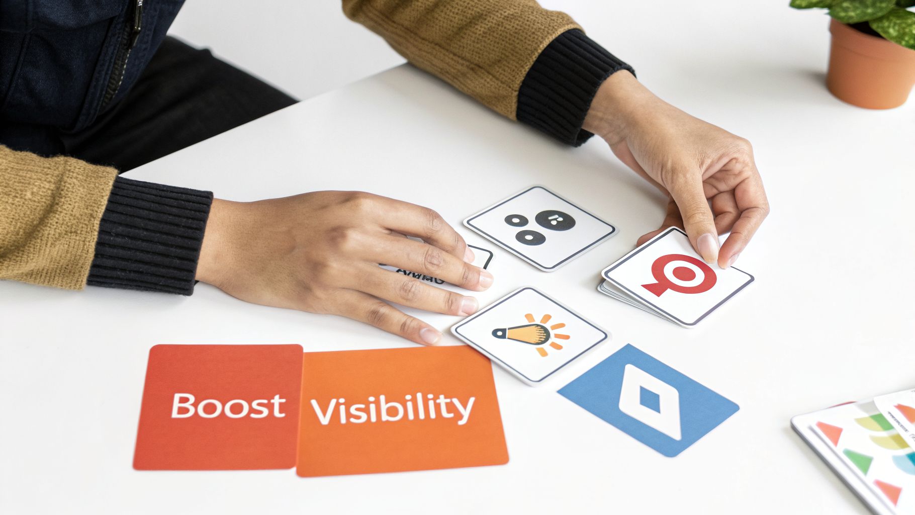 Hands arranging cards that say 'Boost' and 'Visibility' with strategic icons on a white table.