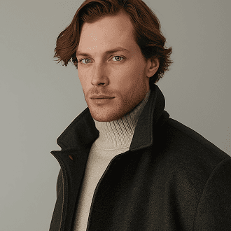 A man wearing a black coat over a turtle neck sweater, standing confidently with a neutral expression.
